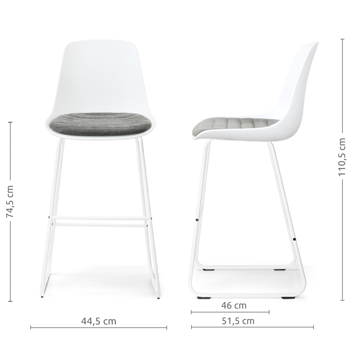 afmetingen van de Nino-Liv barkruk wit met zeegrijs zitkussen - wit onderstel - 75 cm