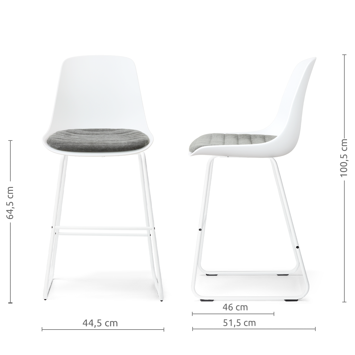afmetingen van de Nino-Liv barkruk wit met zeegrijs zitkussen - wit onderstel - 65 cm