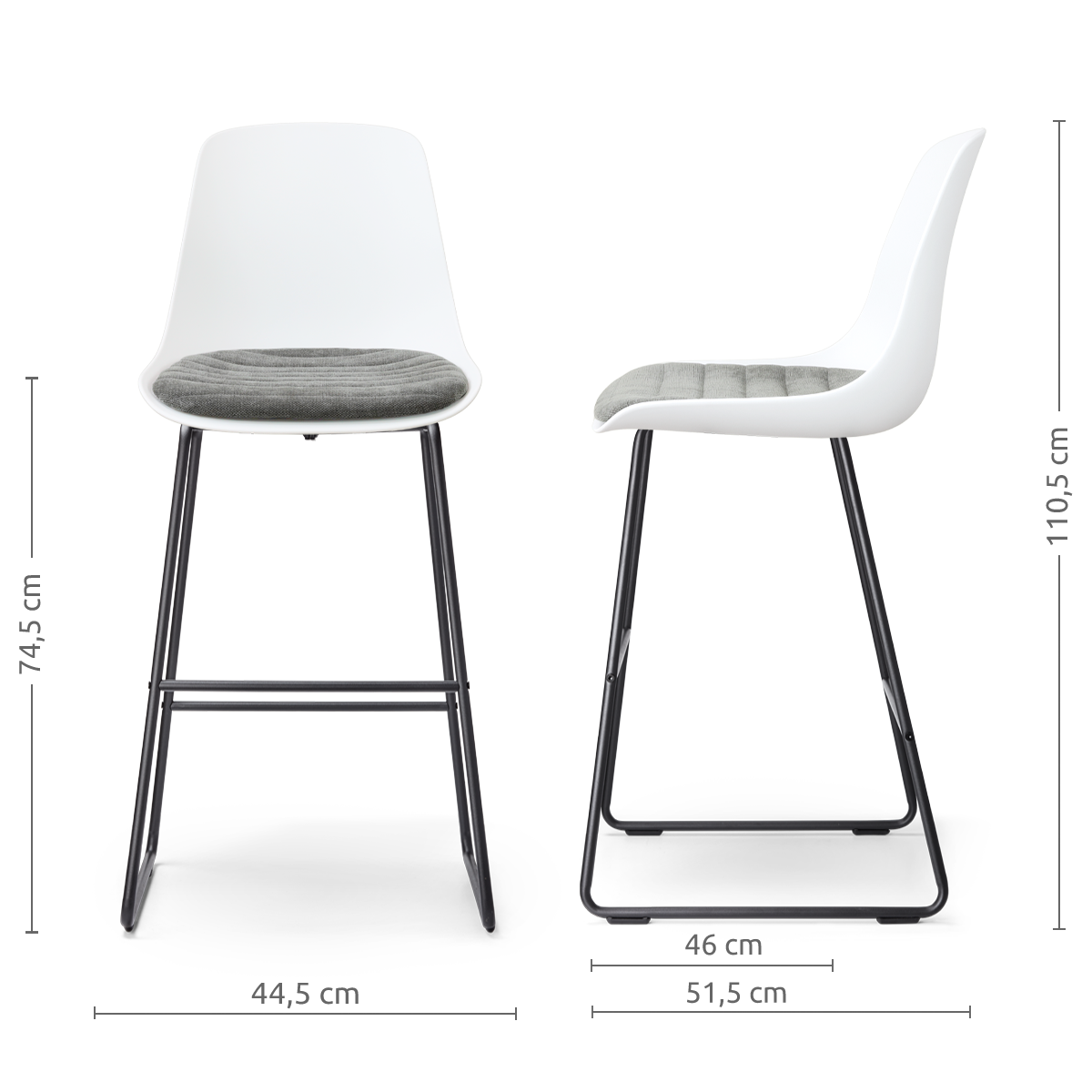 afmetingen van de Nino-Liv barkruk wit met zeegrijs zitkussen - zwart onderstel - 75 cm