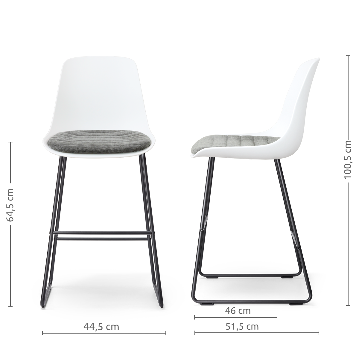 afmetingen van de Nino-Liv barkruk wit met zeegrijs zitkussen - zwart onderstel - 65 cm