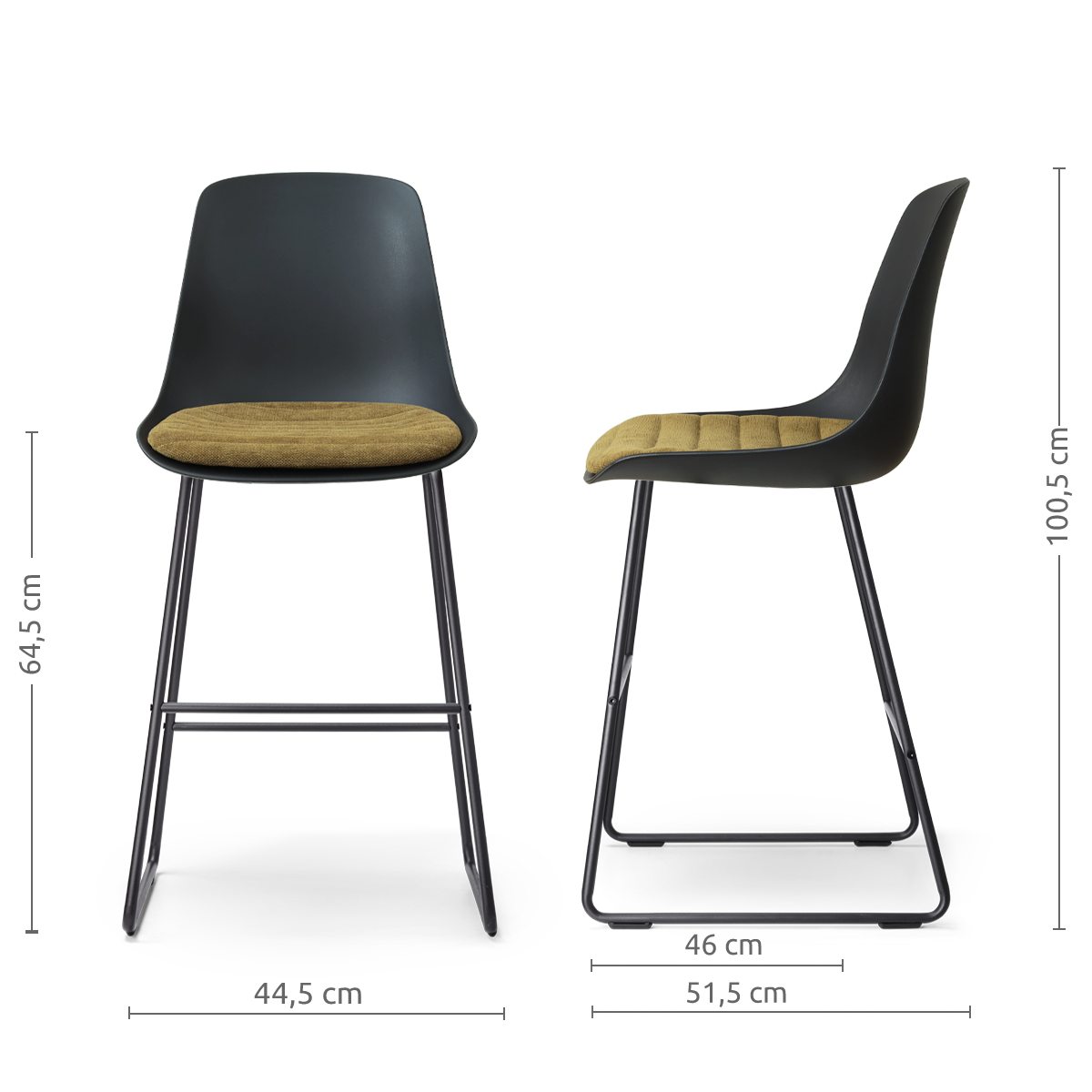 afmetingen van de Nino-Liv barkruk zwart met mosgroen zitkussen - zwart onderstel - 65 cm