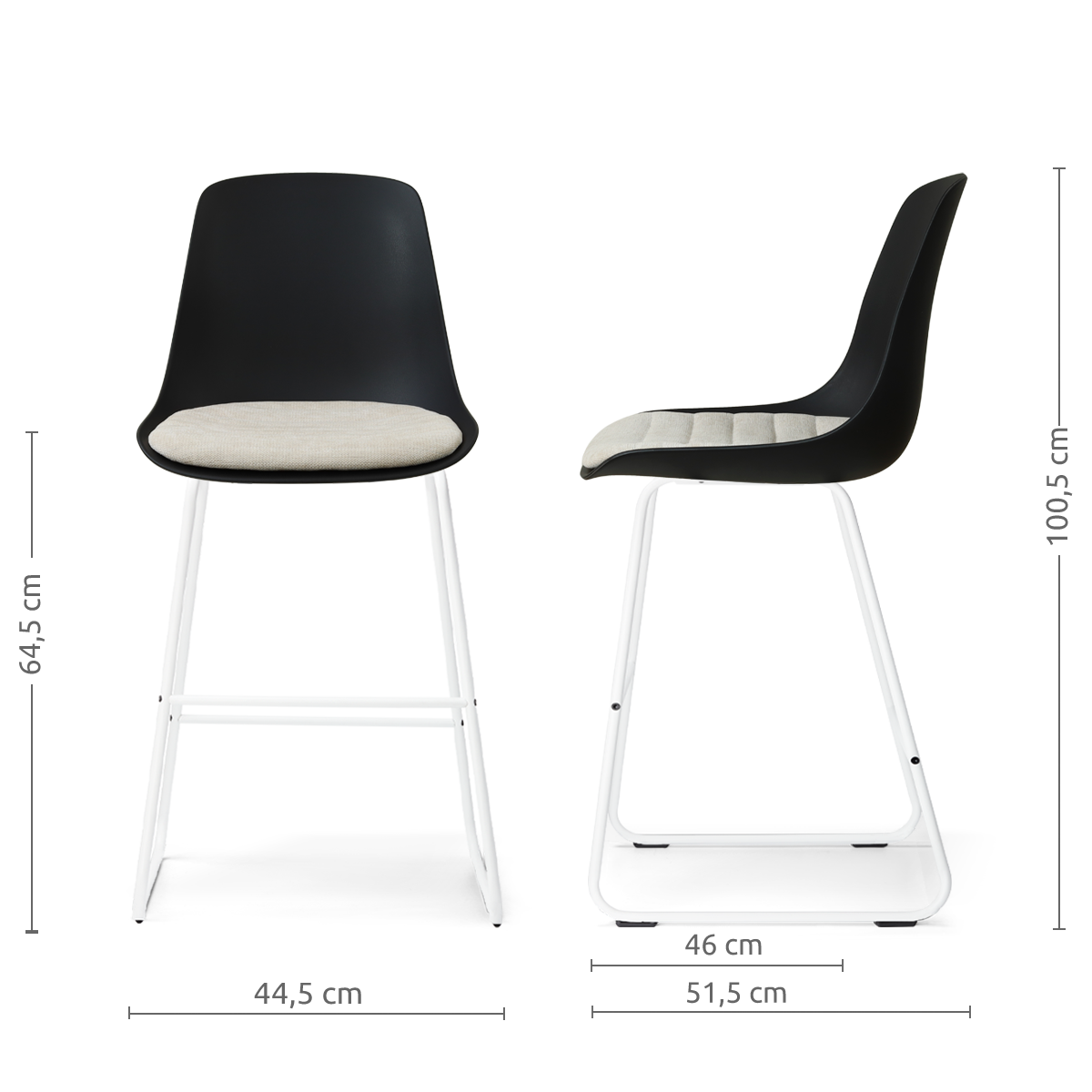 afmetingen van de Nino-Liv barkruk zwart met naturelbeige zitkussen - wit onderstel - 65 cm