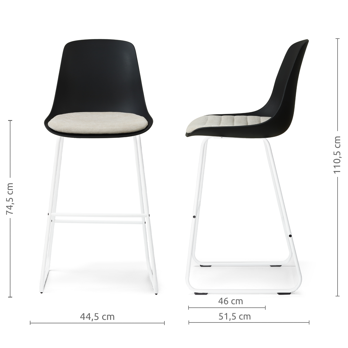 afmetingen van de Nino-Liv barkruk zwart met naturelbeige zitkussen - wit onderstel - 75 cm