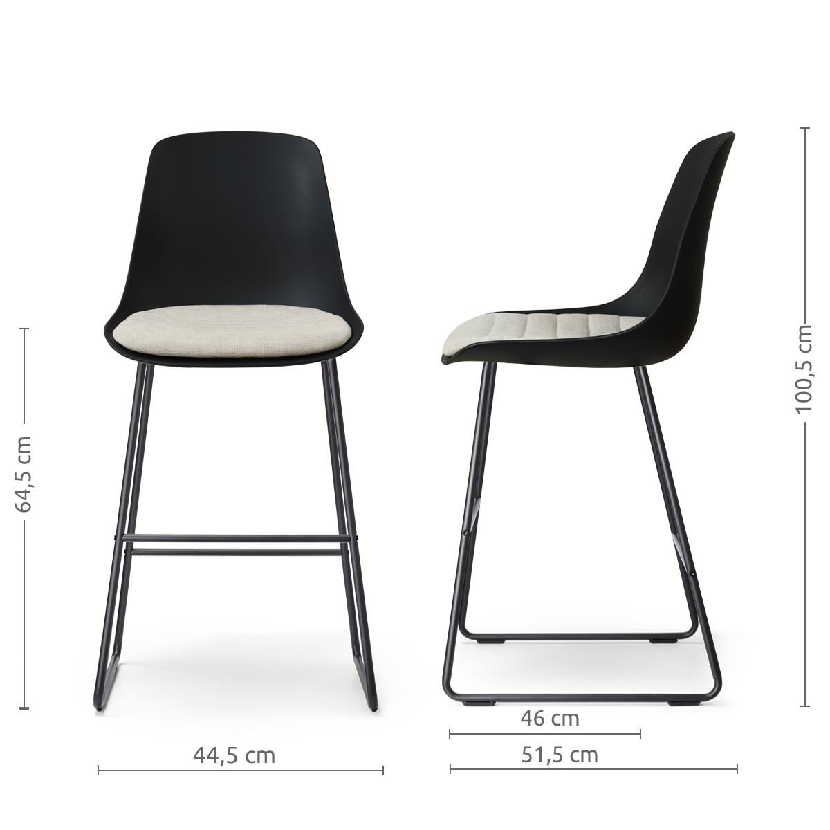 afmetingen van de Nino-Liv barkruk zwart met naturelbeige zitkussen - zwart onderstel - 65 cm