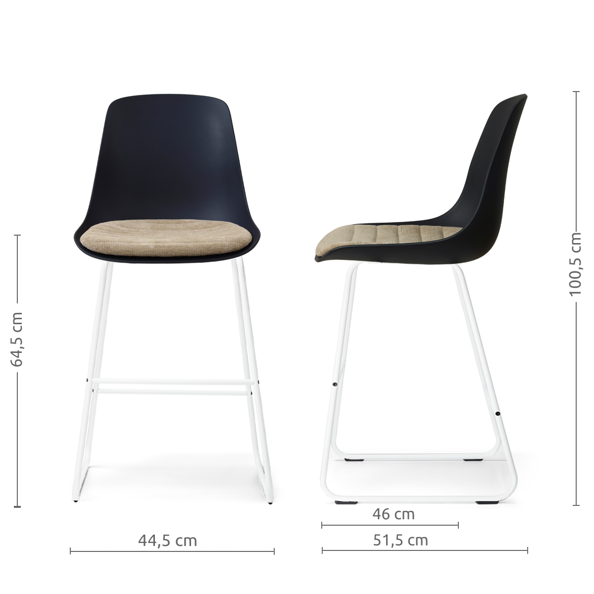 afmetingen van de Nino-Liv barkruk zwart met nougatbruin zitkussen - wit onderstel - 65 cm