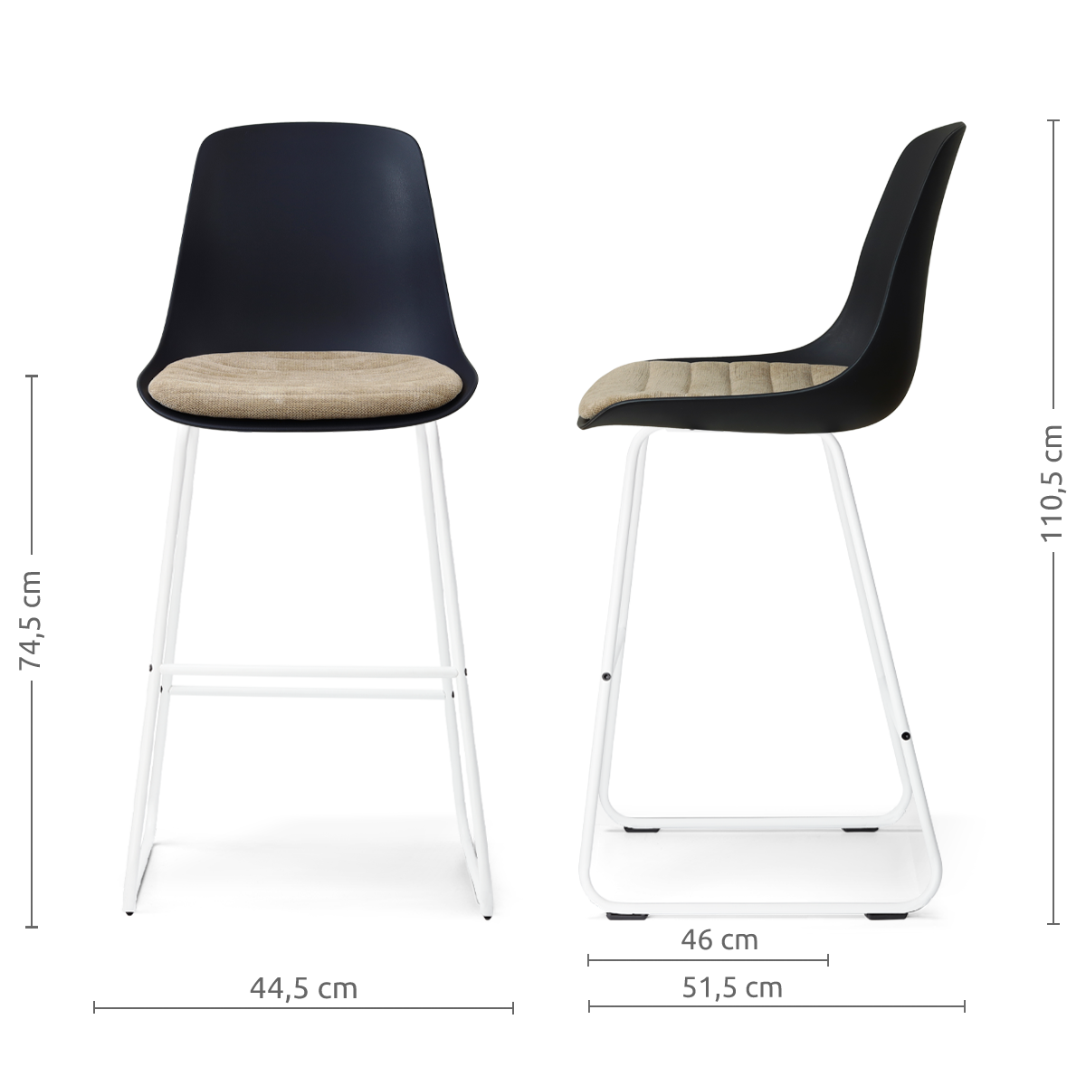 afmetingen van de Nino-Liv barkruk zwart met nougatbruin zitkussen - wit onderstel - 75 cm