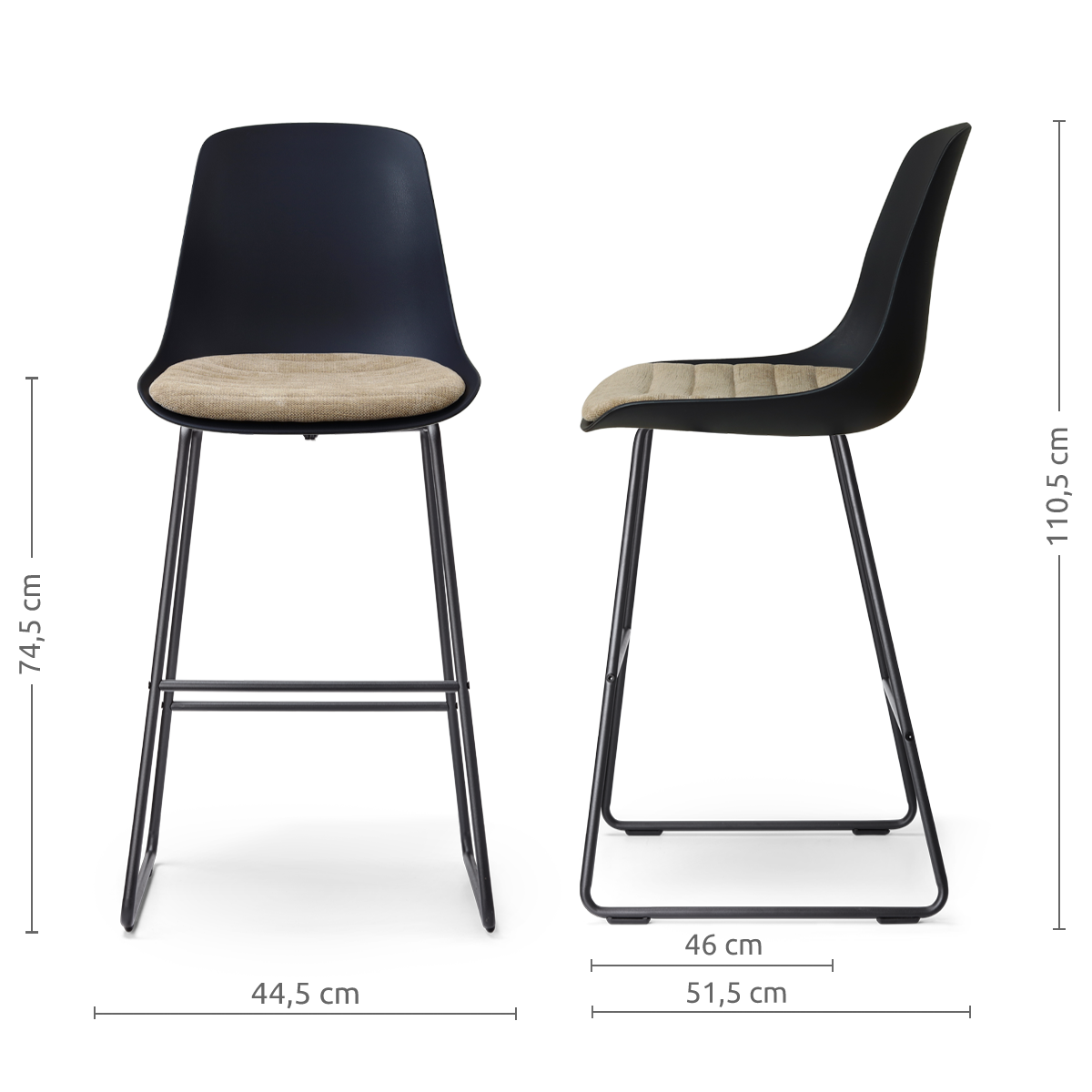 afmetingen van de Nino-Liv barkruk zwart met nougatbruin zitkussen - zwart onderstel - 75 cm