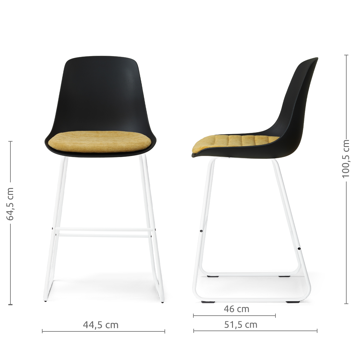 maatvoering van de Nino-Liv barkruk zwart met warm oker zitkussen - wit onderstel - 65 cm