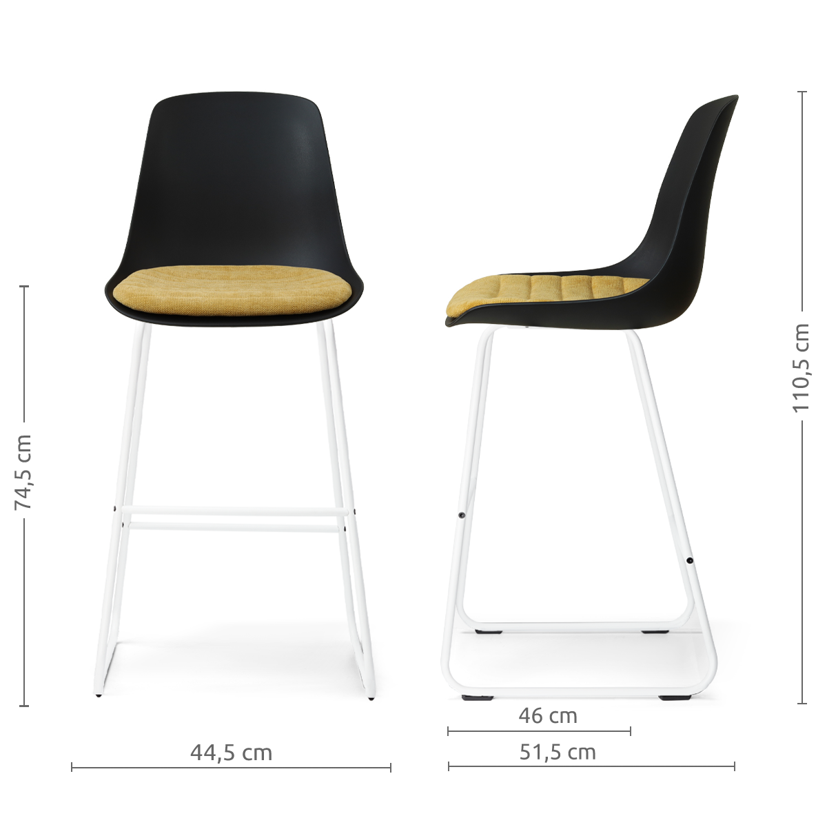 maatvoering van de Nino-Liv barkruk zwart met warm oker zitkussen - wit onderstel - 75 cm