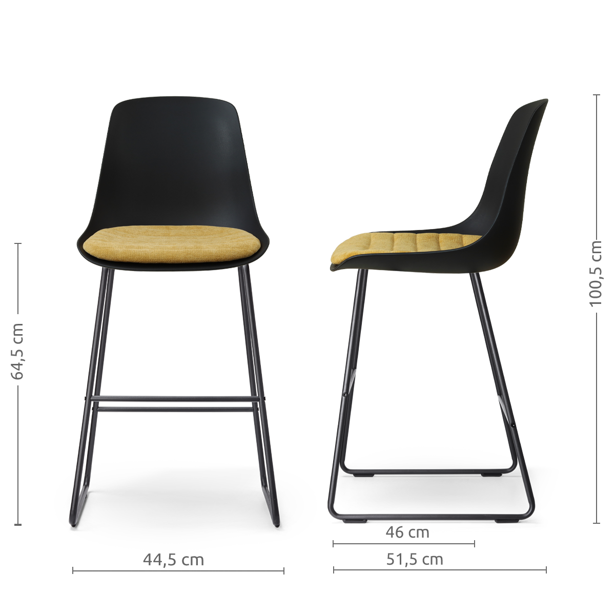 maatvoering van de Nino-Liv barkruk zwart met warm oker zitkussen - zwart onderstel - 65 cm