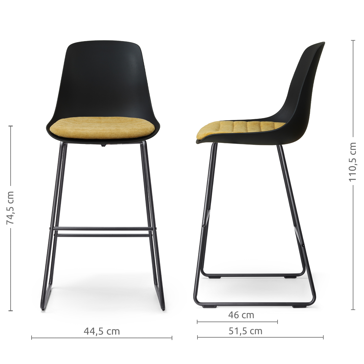 maatvoering van de Nino-Liv barkruk zwart met warm oker zitkussen - zwart onderstel - 75 cm