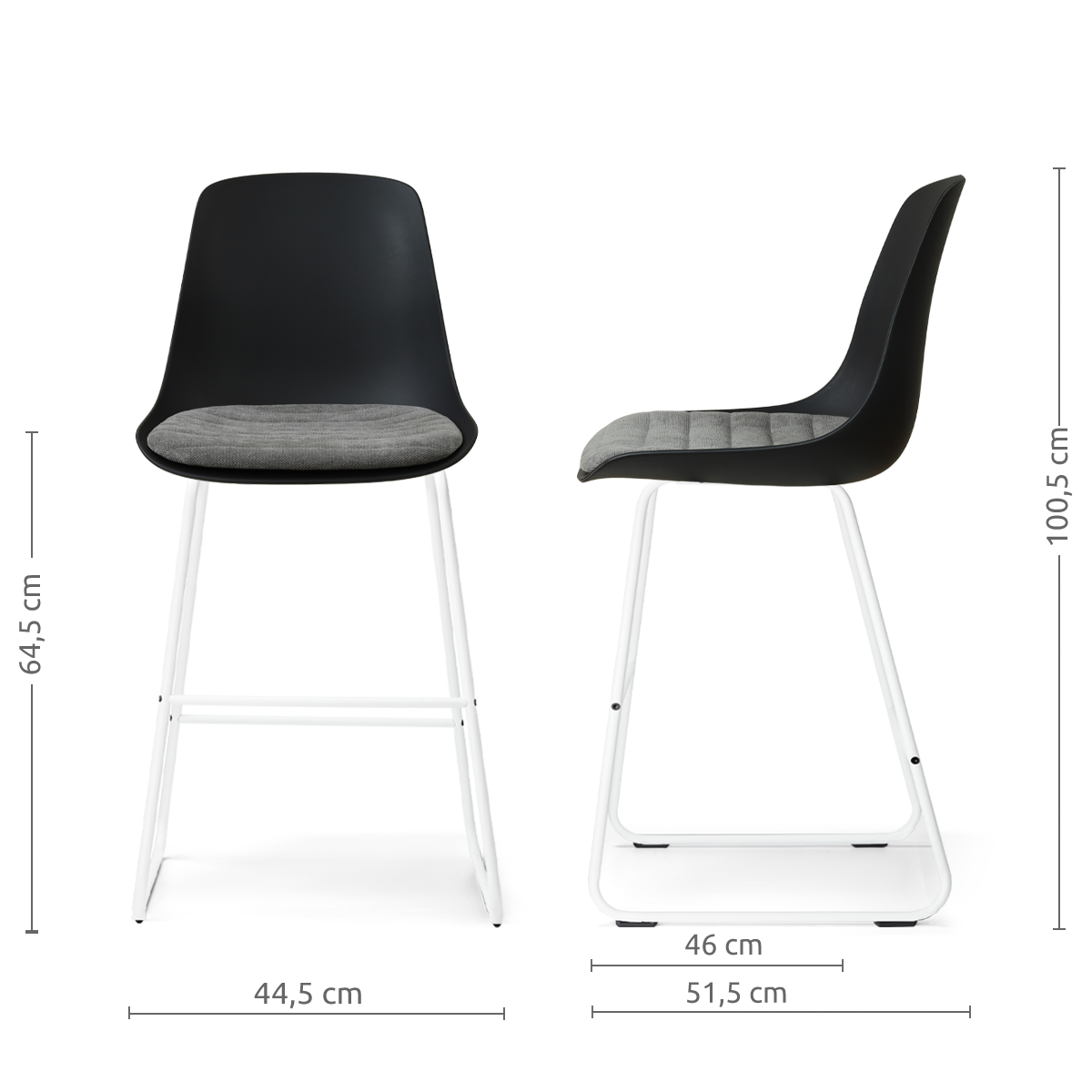 afmetingen van de Nino-Liv barkruk zwart met zeegrijs zitkussen - wit onderstel - 65 cm