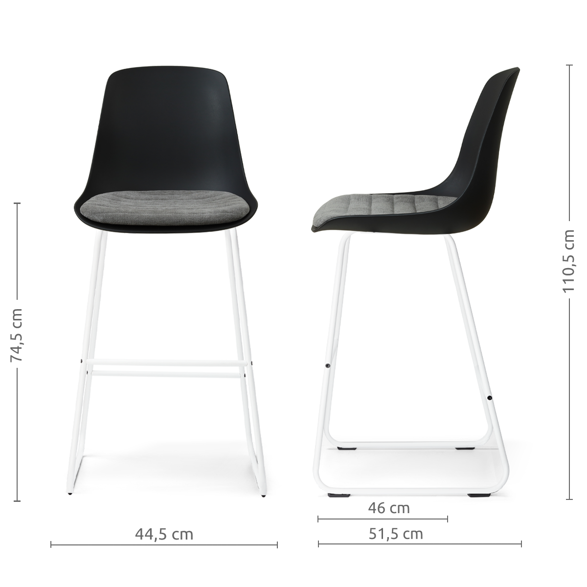 afmetingen van de Nino-Liv barkruk zwart met zeegrijs zitkussen - wit onderstel - 75 cm