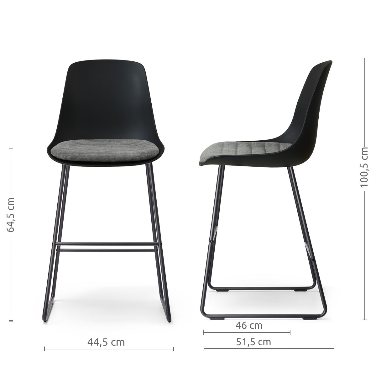 afmetingen van de Nino-Liv barkruk zwart met zeegrijs zitkussen - zwart onderstel - 65 cm