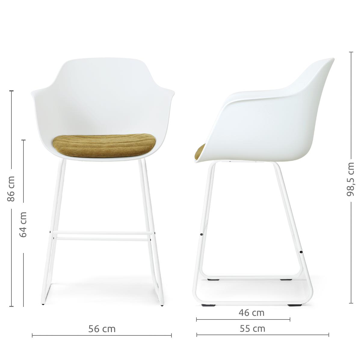 afmetingen van de Nino-Liz barkruk wit met mosgroen zitkussen - wit onderstel - 65 cm