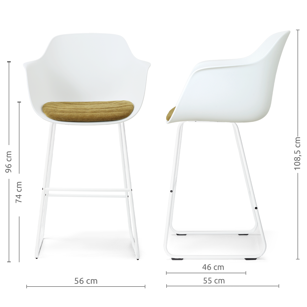 afmetingen van de Nino-Liz barkruk wit met mosgroen zitkussen - wit onderstel - 75 cm
