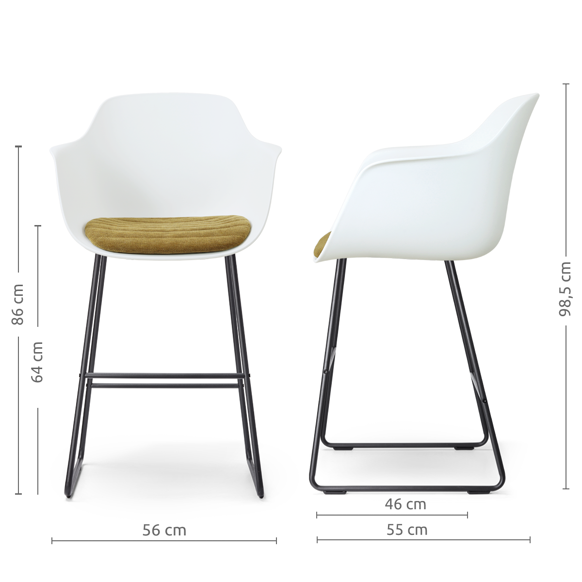 afmetingen van de Nino-Liz barkruk wit met mosgroen zitkussen - zwart onderstel - 65 cm