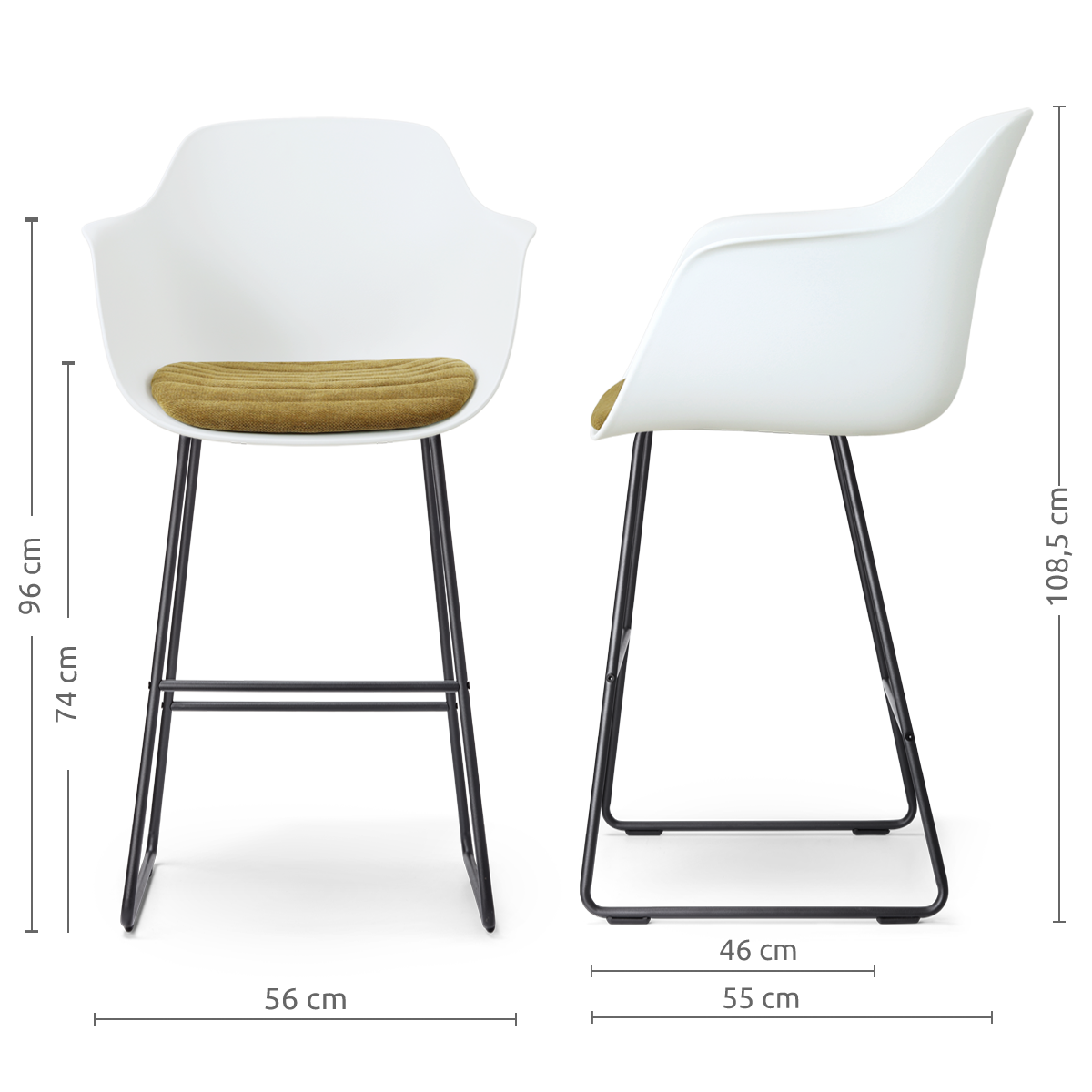 afmetingen van de Nino-Liz barkruk wit met mosgroen zitkussen - zwart onderstel - 75 cm