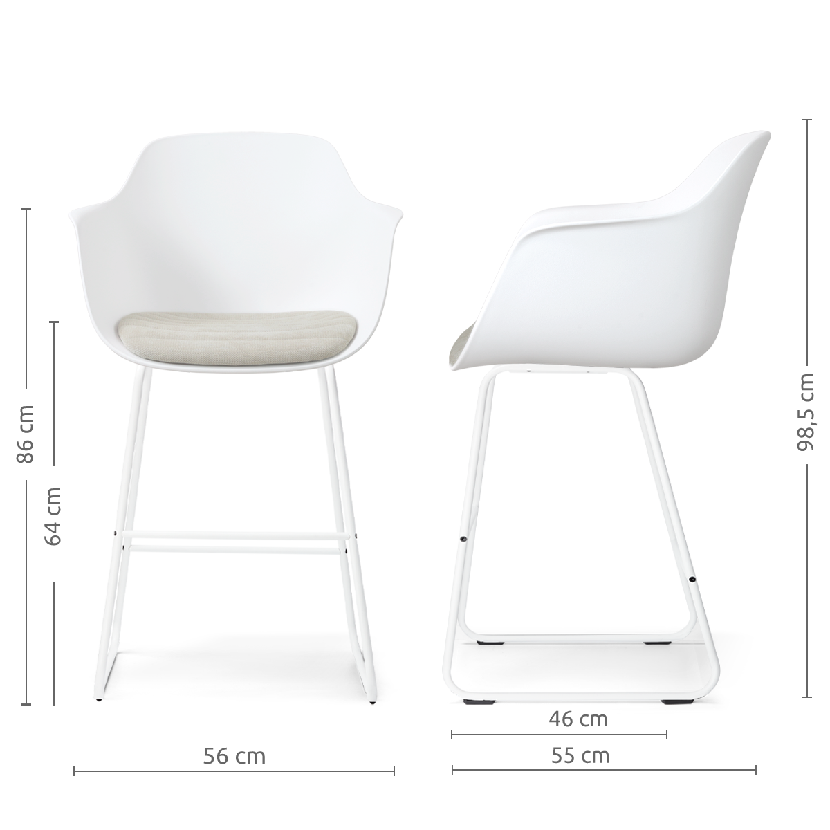 afmetingen van de Nino-Liz barkruk wit met naturelbeige zitkussen - wit onderstel - 65 cm