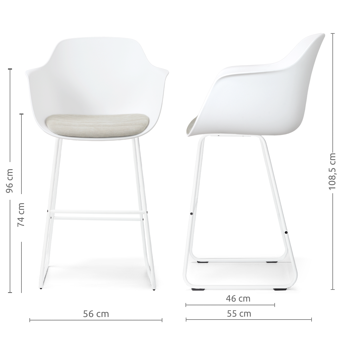 afmetingen van de Nino-Liz barkruk wit met naturelbeige zitkussen - wit onderstel - 75 cm