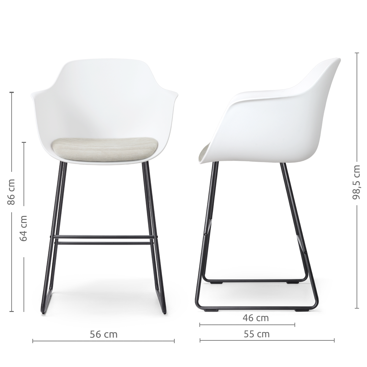 afmetingen van de Nino-Liz barkruk wit met naturelbeige zitkussen - zwart onderstel - 65 cm