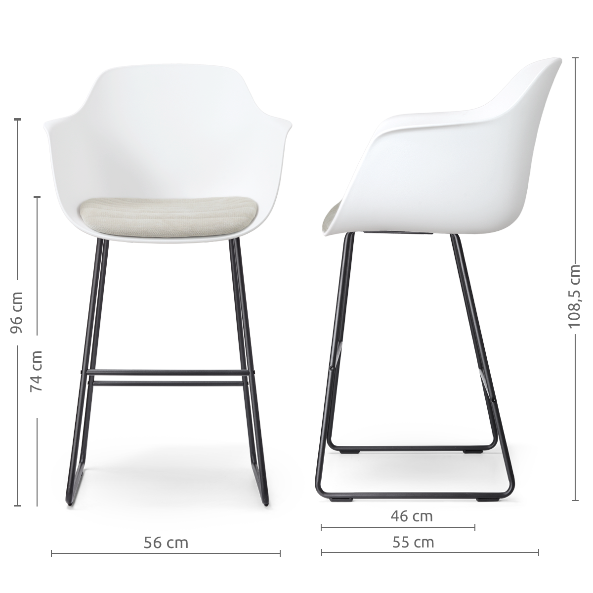 afmetingen van de Nino-Liz barkruk wit met naturelbeige zitkussen - zwart onderstel - 75 cm