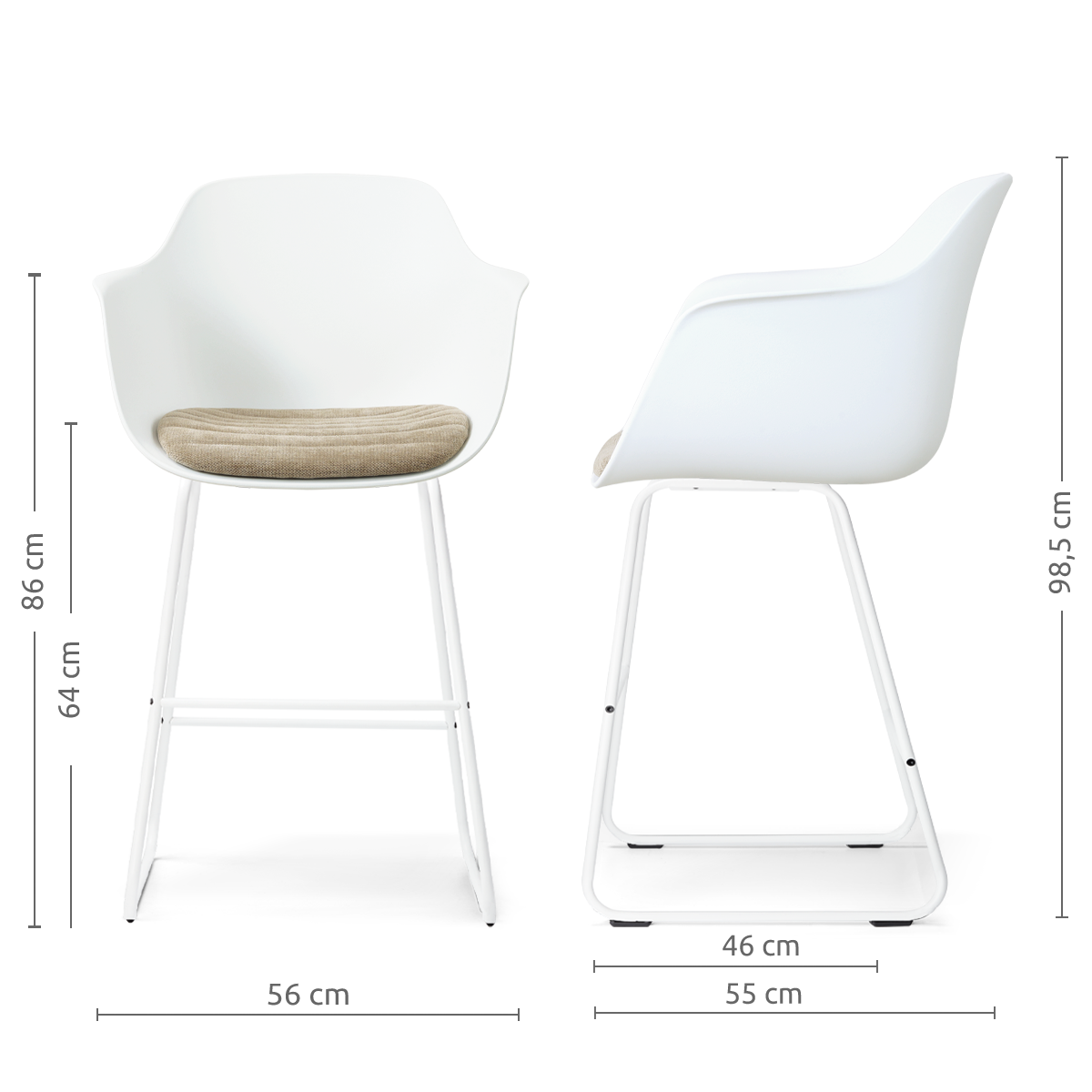 afmetingen van de Nino-Liz barkruk wit met nougatbruin zitkussen - wit onderstel - 65 cm