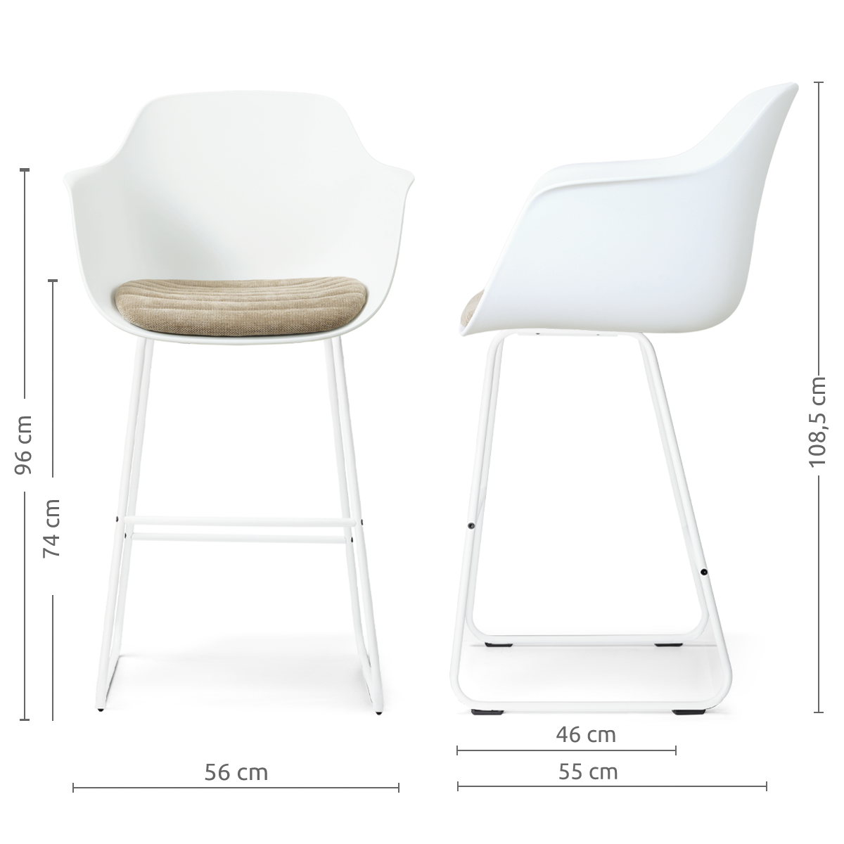 afmetingen van de Nino-Liz barkruk wit met nougatbruin zitkussen - wit onderstel - 75 cm