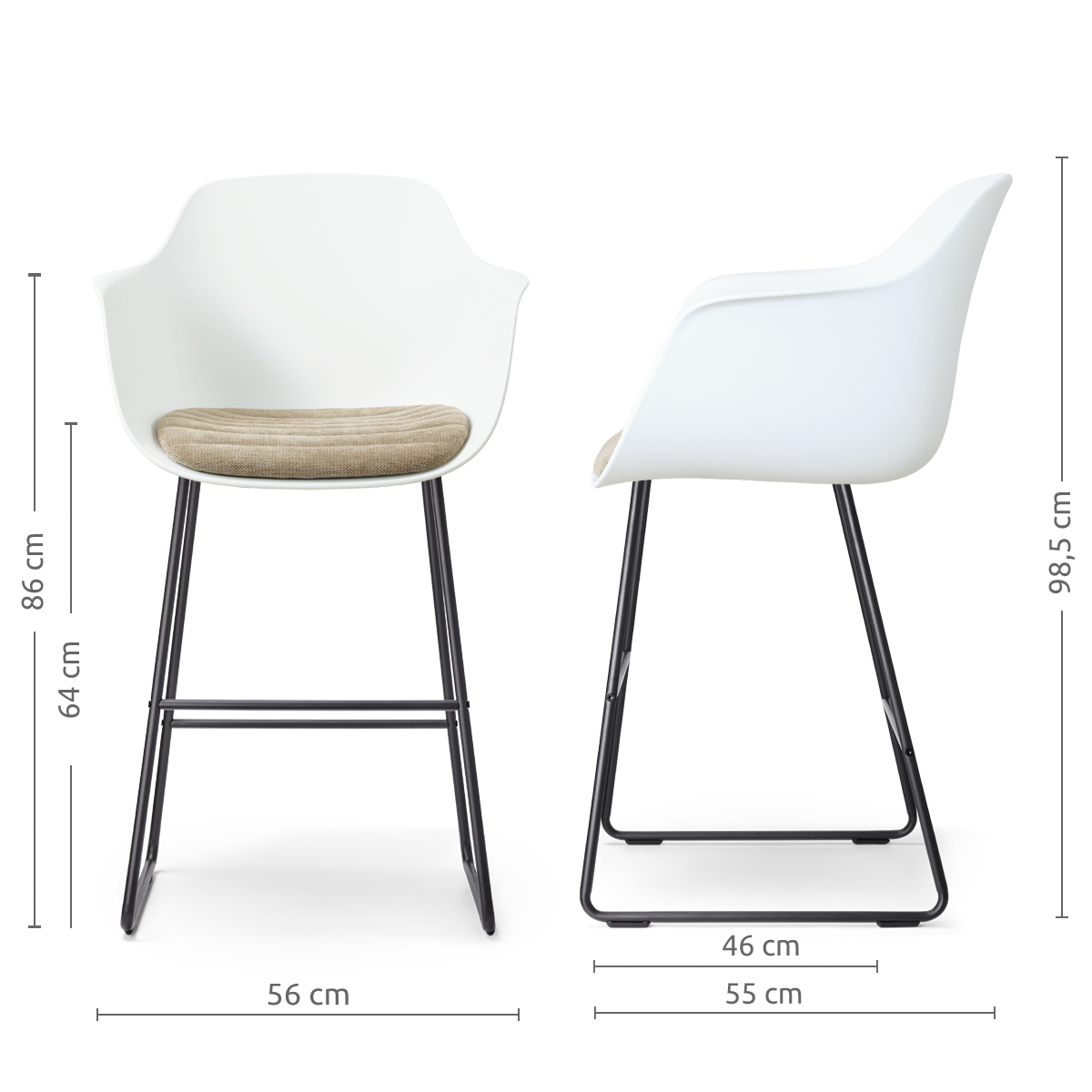 afmetingen van de Nino-Liz barkruk wit met nougatbruin zitkussen - zwart onderstel - 65 cm