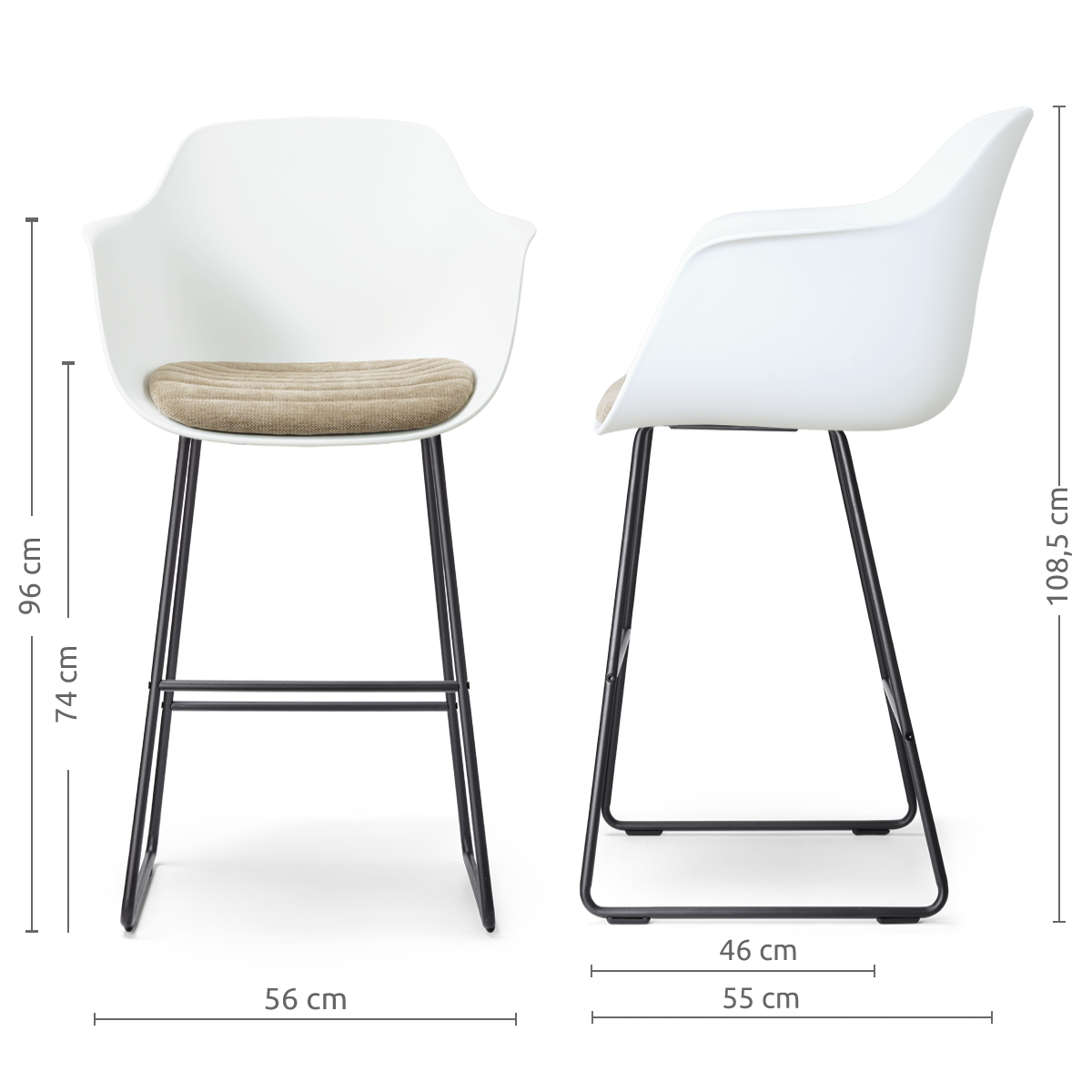 afmetingen van de Nino-Liz barkruk wit met nougatbruin zitkussen - zwart onderstel - 75 cm