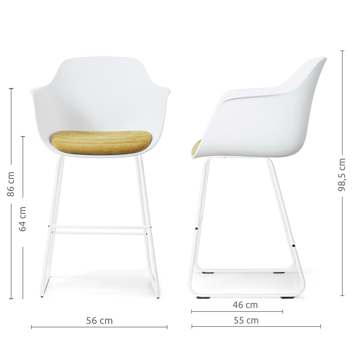 maatvoering van de Nino-Liz barkruk wit met warm oker zitkussen - wit onderstel - 65 cm