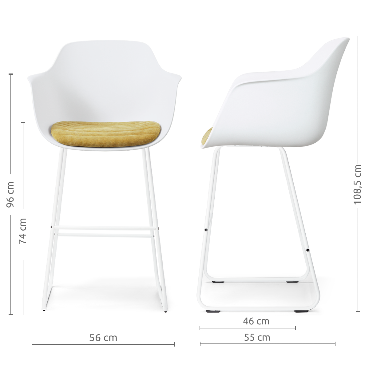 maatvoering van de Nino-Liz barkruk wit met warm oker zitkussen - wit onderstel - 75 cm