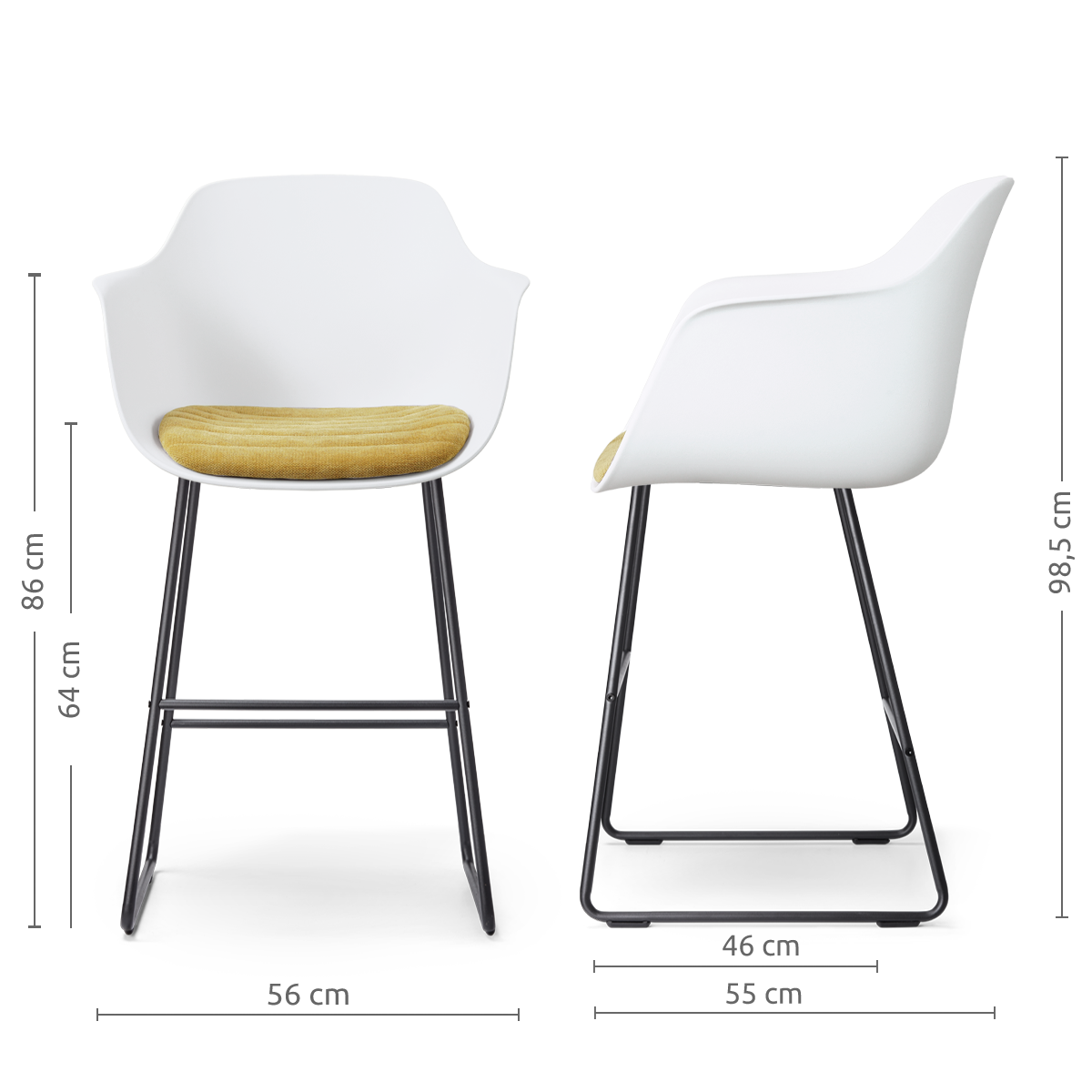 maatvoering van de Nino-Liz barkruk wit met warm oker zitkussen - zwart onderstel - 65 cm