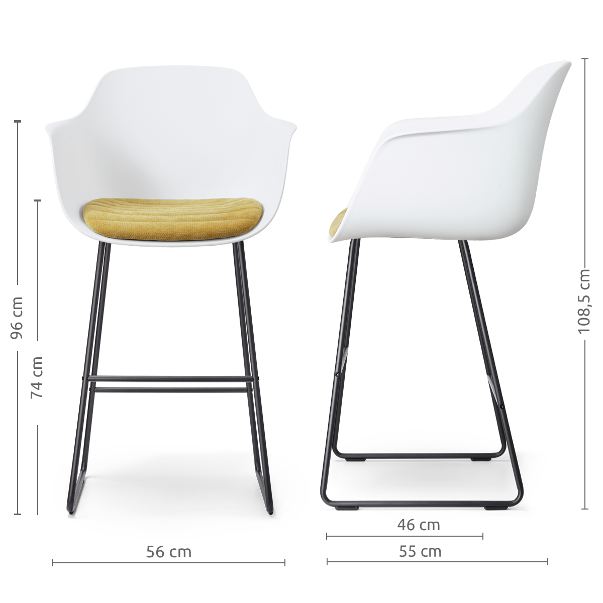 maatvoering van de Nino-Liz barkruk wit met warm oker zitkussen - zwart onderstel - 75 cm