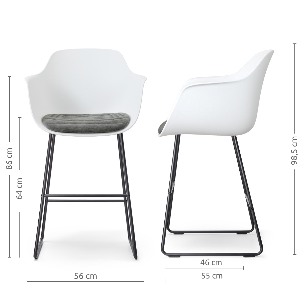 afmetingen van de Nino-Liz barkruk wit met zeegrijs zitkussen - zwart onderstel - 65 cm