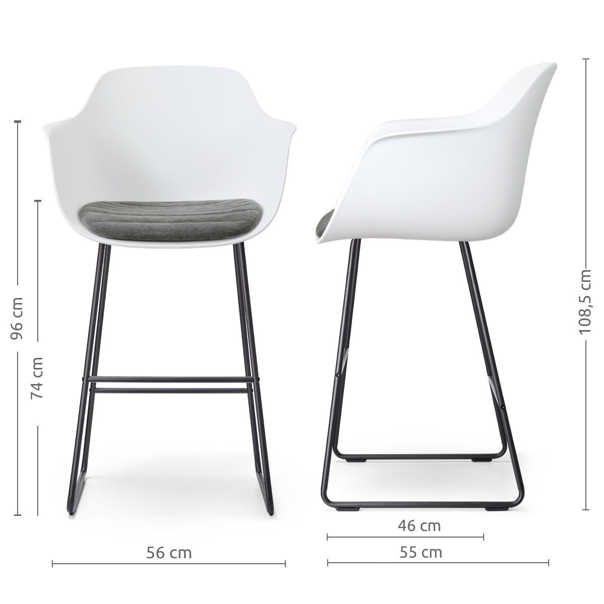 afmetingen van de Nino-Liz barkruk wit met zeegrijs zitkussen - zwart onderstel - 75 cm