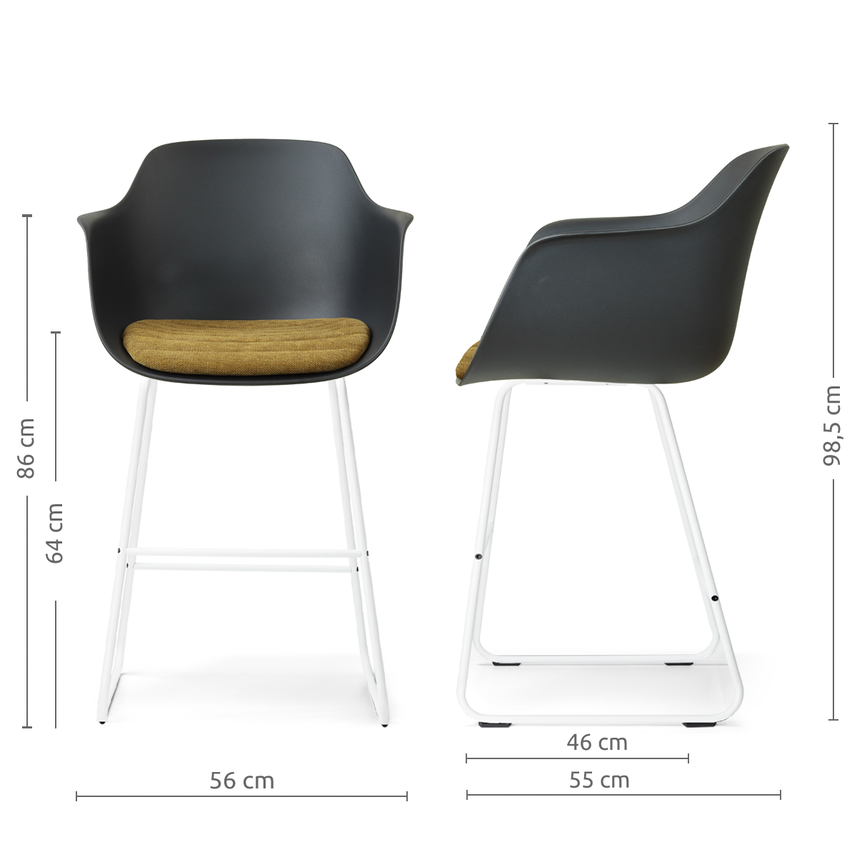 afmetingen van de Nino-Liz barkruk zwart met mosgroen zitkussen - wit onderstel - 65 cm