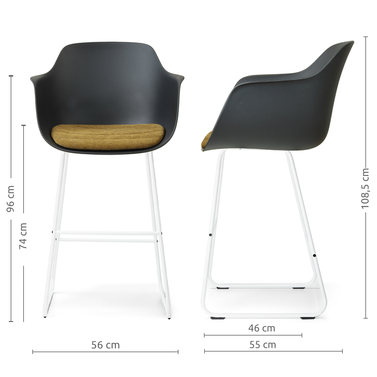 afmetingen van de Nino-Liz barkruk zwart met mosgroen zitkussen - wit onderstel - 75 cm