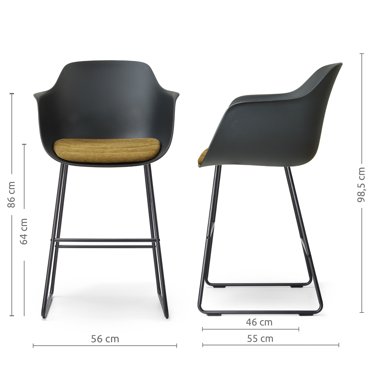 afmetingen van de Nino-Liz barkruk zwart met mosgroen zitkussen - zwart onderstel - 65 cm