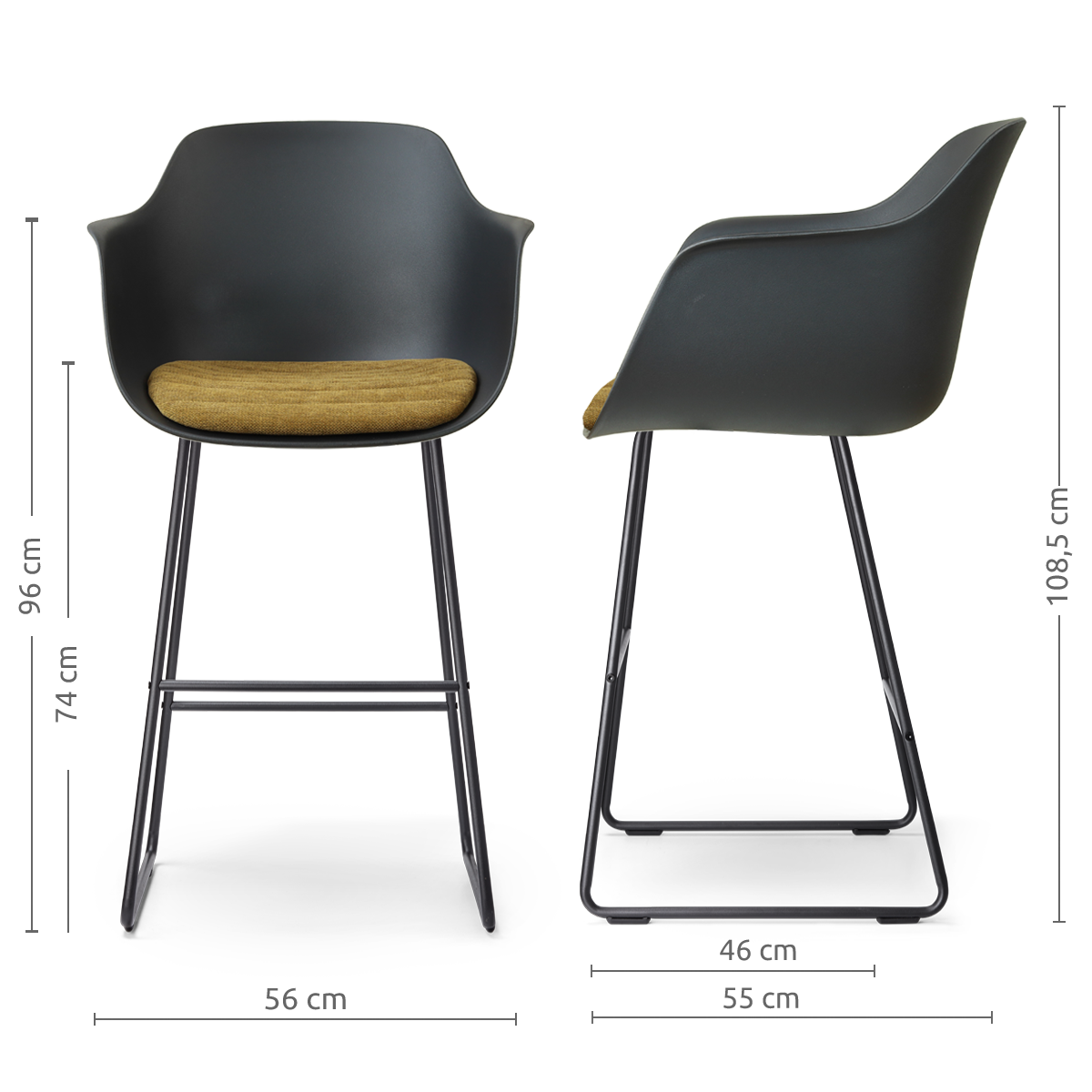 afmetingen van de Nino-Liz barkruk zwart met mosgroen zitkussen - zwart onderstel - 75 cm