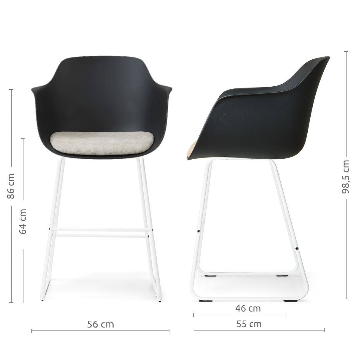 afmetingen van de Nino-Liz barkruk zwart met naturelbeige zitkussen - wit onderstel - 65 cm