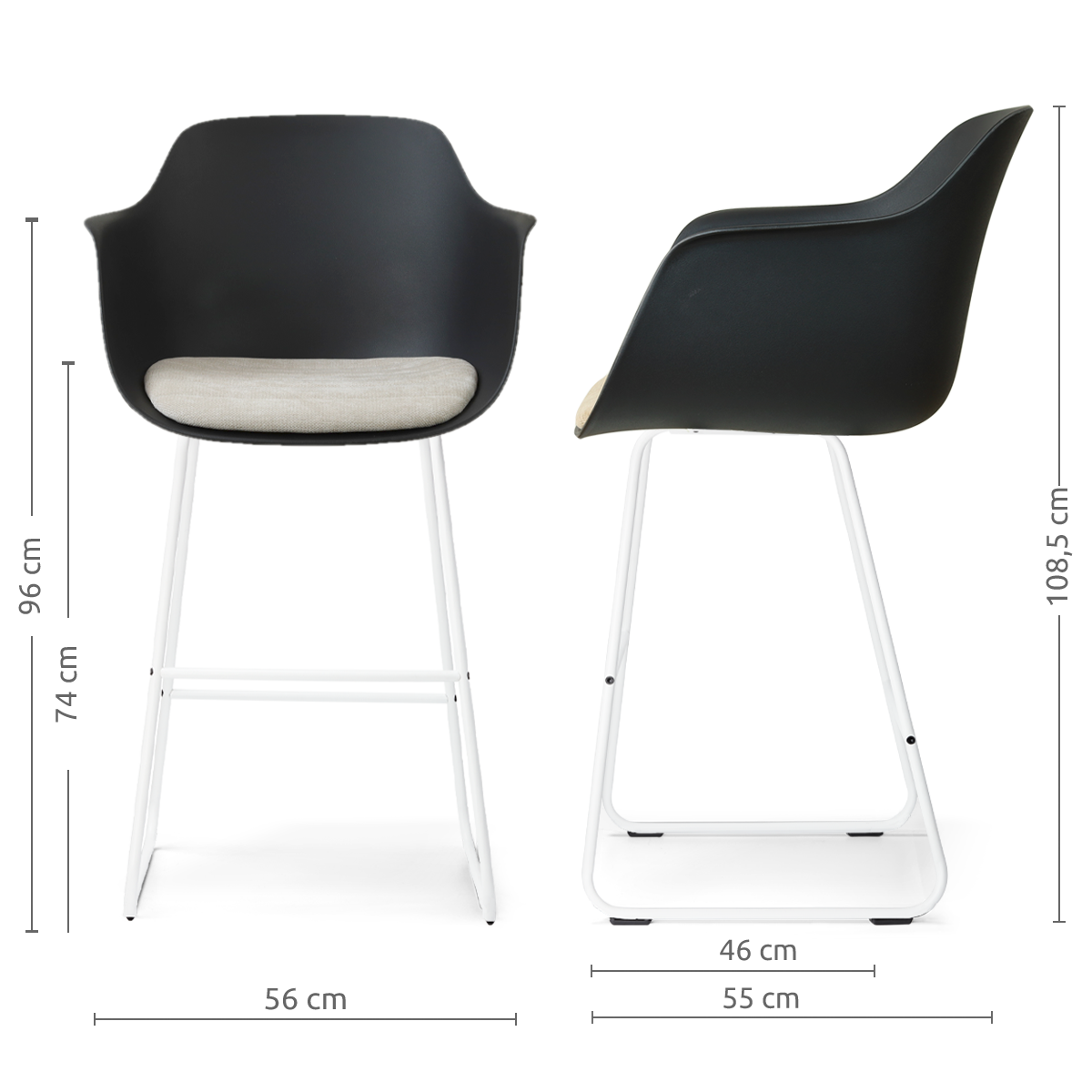 afmetingen van de Nino-Liz barkruk zwart met naturelbeige zitkussen - wit onderstel - 75 cm