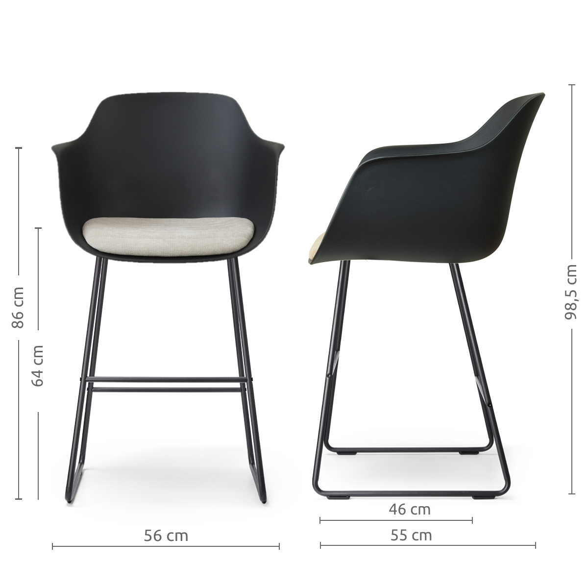 afmetingen van de Nino-Liz barkruk zwart met naturelbeige zitkussen - zwart onderstel - 65 cm