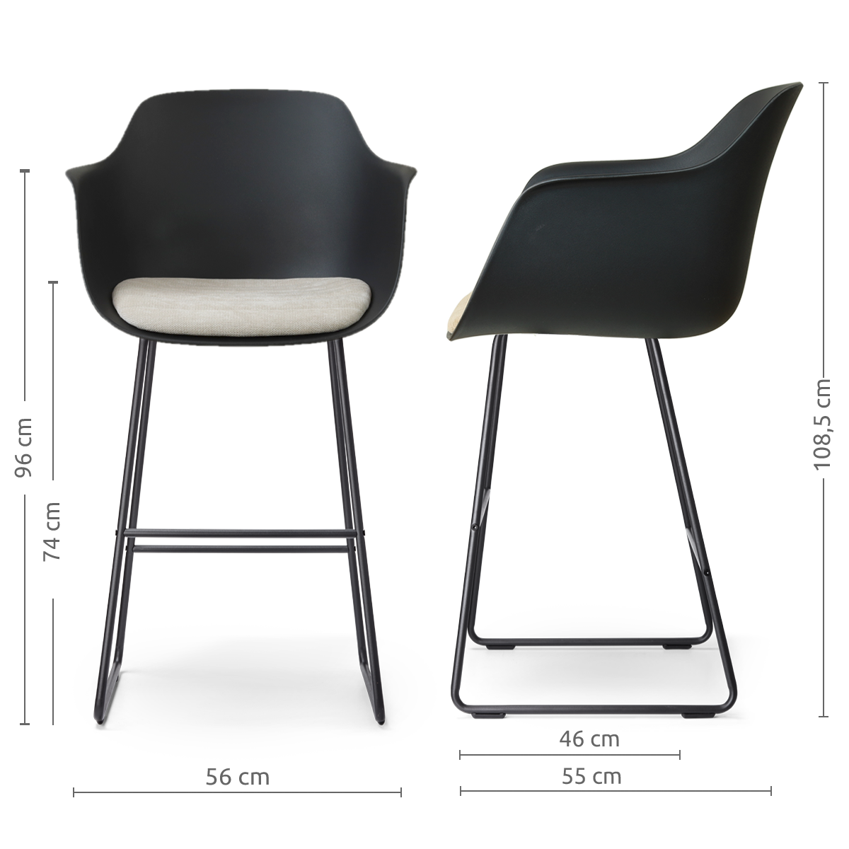 afmetingen van de Nino-Liz barkruk zwart met naturelbeige zitkussen - zwart onderstel - 75 cm