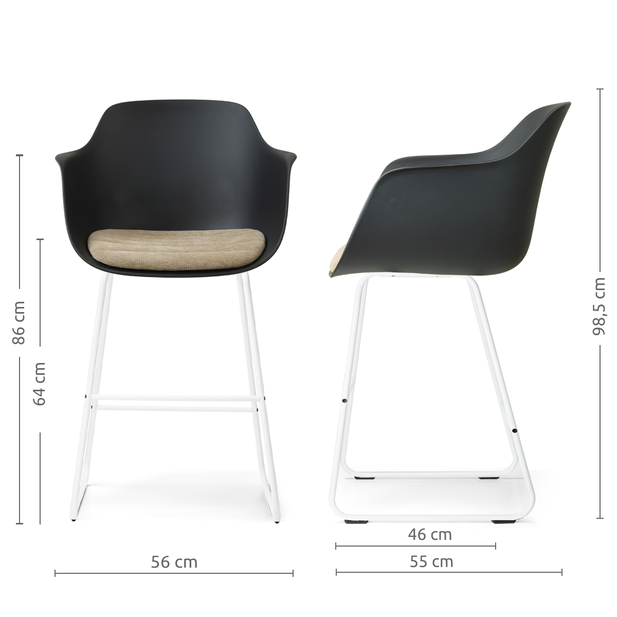 afmetingen van de Nino-Liz barkruk zwart met nougatbruin zitkussen - wit onderstel - 75 cm