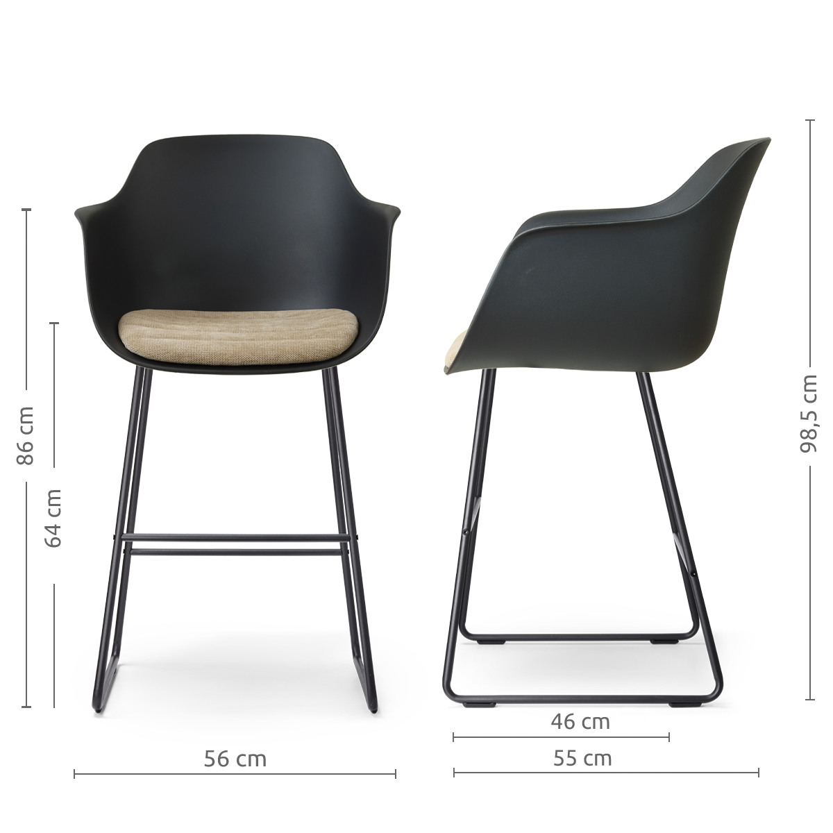 afmetingen van de Nino-Liz barkruk zwart met nougatbruin zitkussen - zwart onderstel - 65 cm