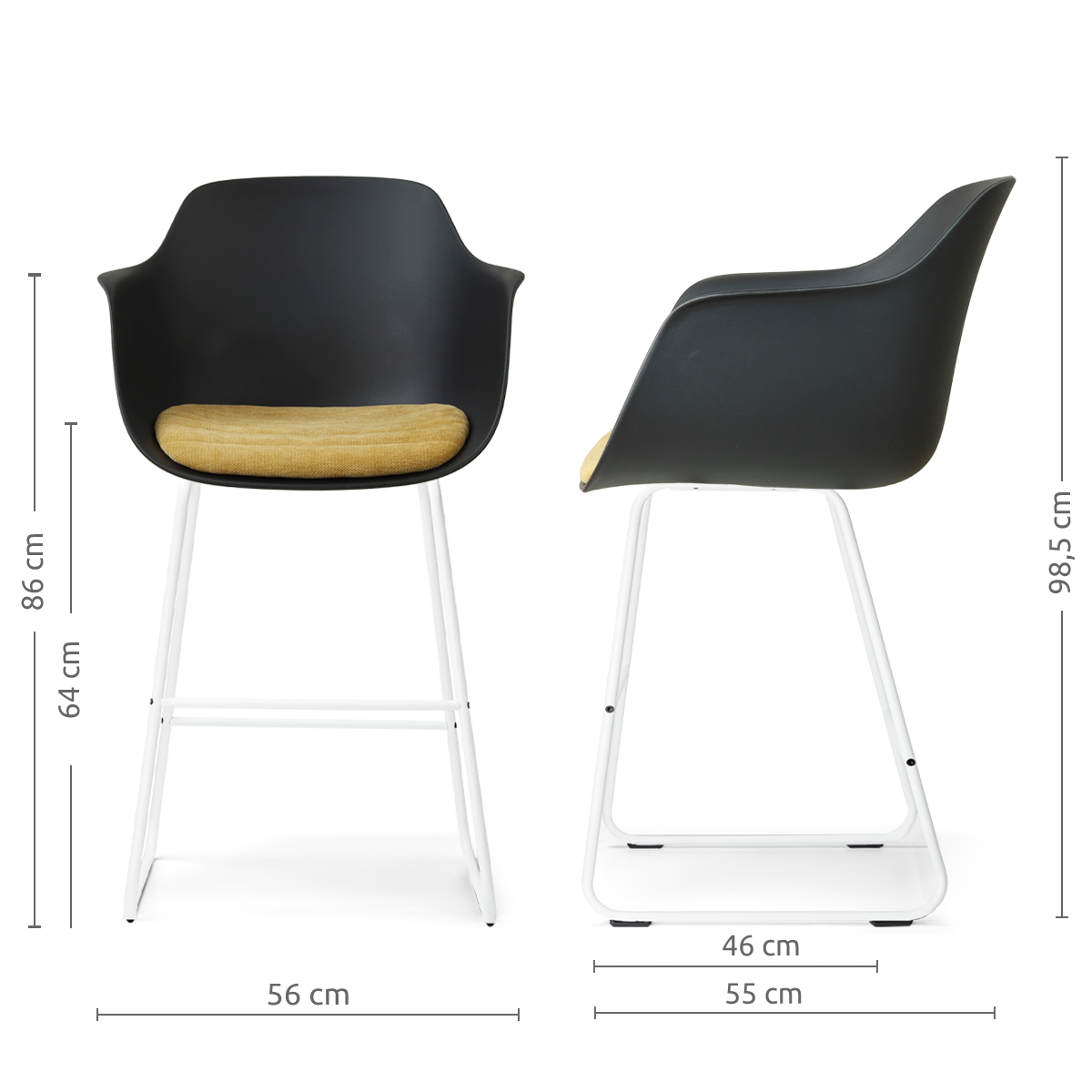 maatvoering van de Nino-Liz barkruk zwart met warm oker zitkussen - wit onderstel - 65 cm