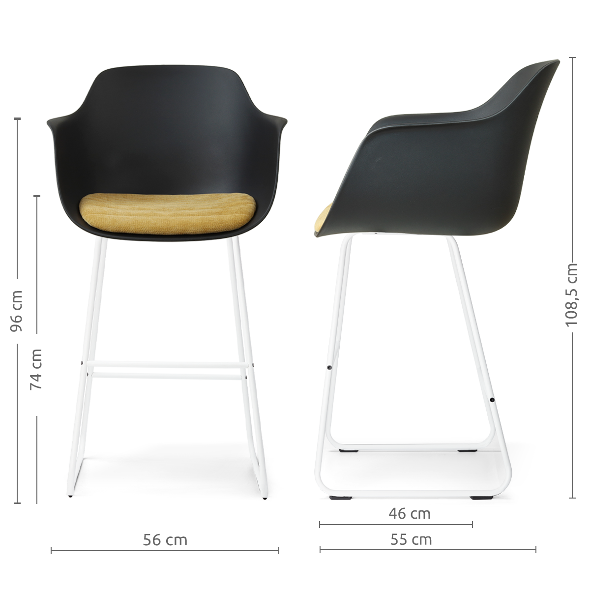 maatvoering van de Nino-Liz barkruk zwart met warm oker zitkussen - wit onderstel - 75 cm