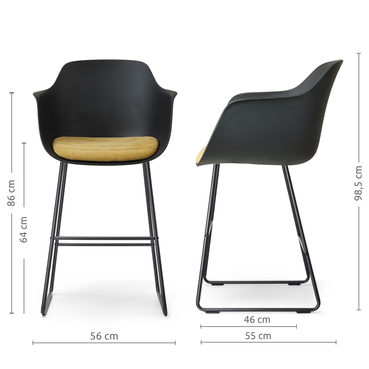 maatvoering van de Nino-Liz barkruk zwart met warm oker zitkussen - zwart onderstel - 65 cm