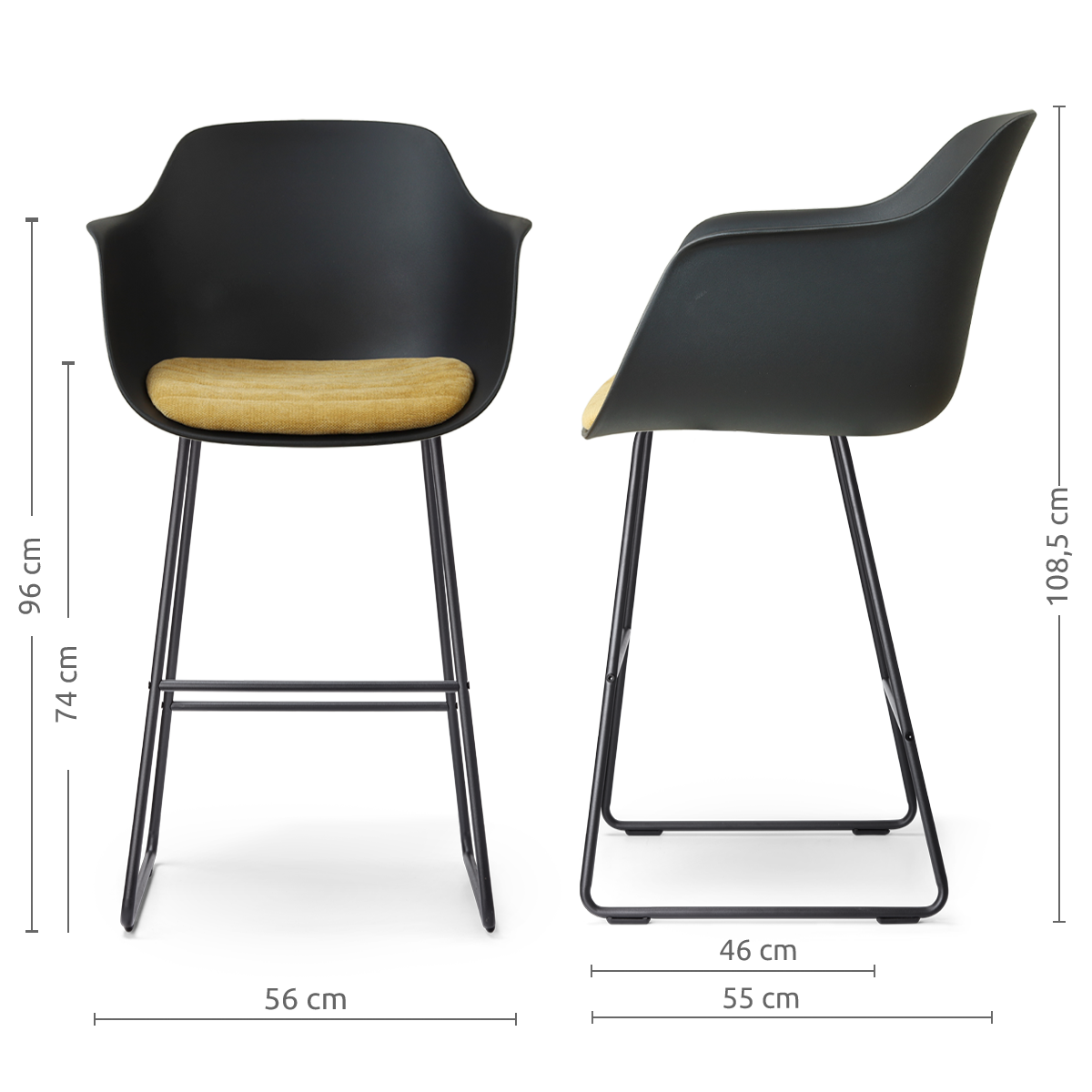 maatvoering van de Nino-Liz barkruk zwart met warm oker zitkussen - zwart onderstel - 75 cm